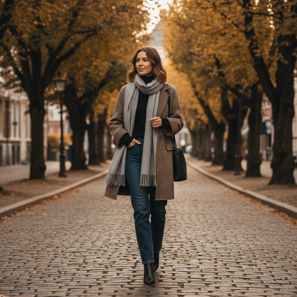 Women's checked trench coat with notch lapels and flap-covered patch pockets