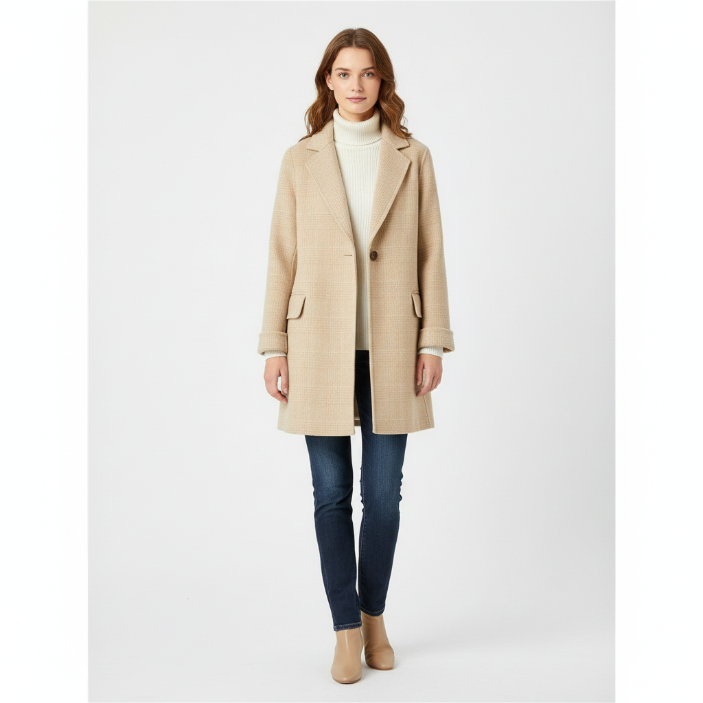 Women's checked trench coat with notch lapels and flap-covered patch pockets