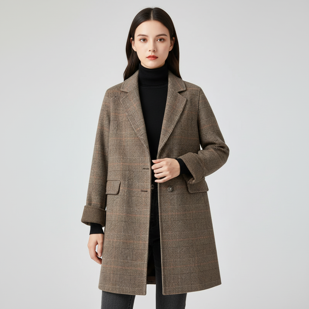 Women's checked trench coat with notch lapels and flap-covered patch pockets