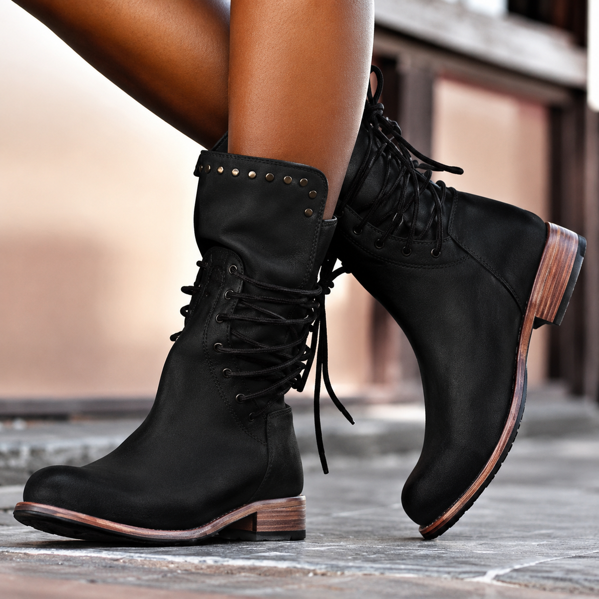 Women's lace-up ankle boots with studded cuffs and low block heels