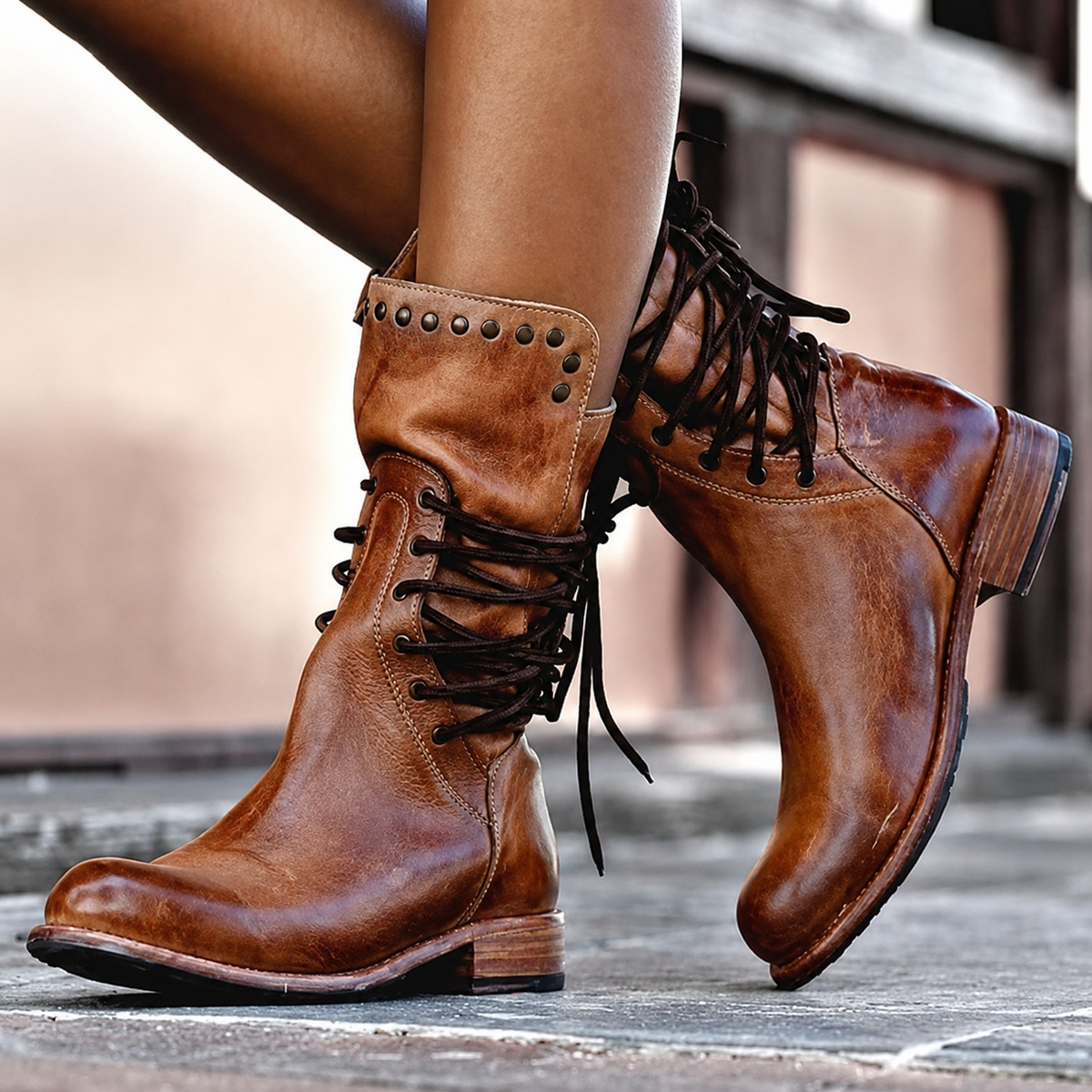 Women's lace-up ankle boots with studded cuffs and low block heels