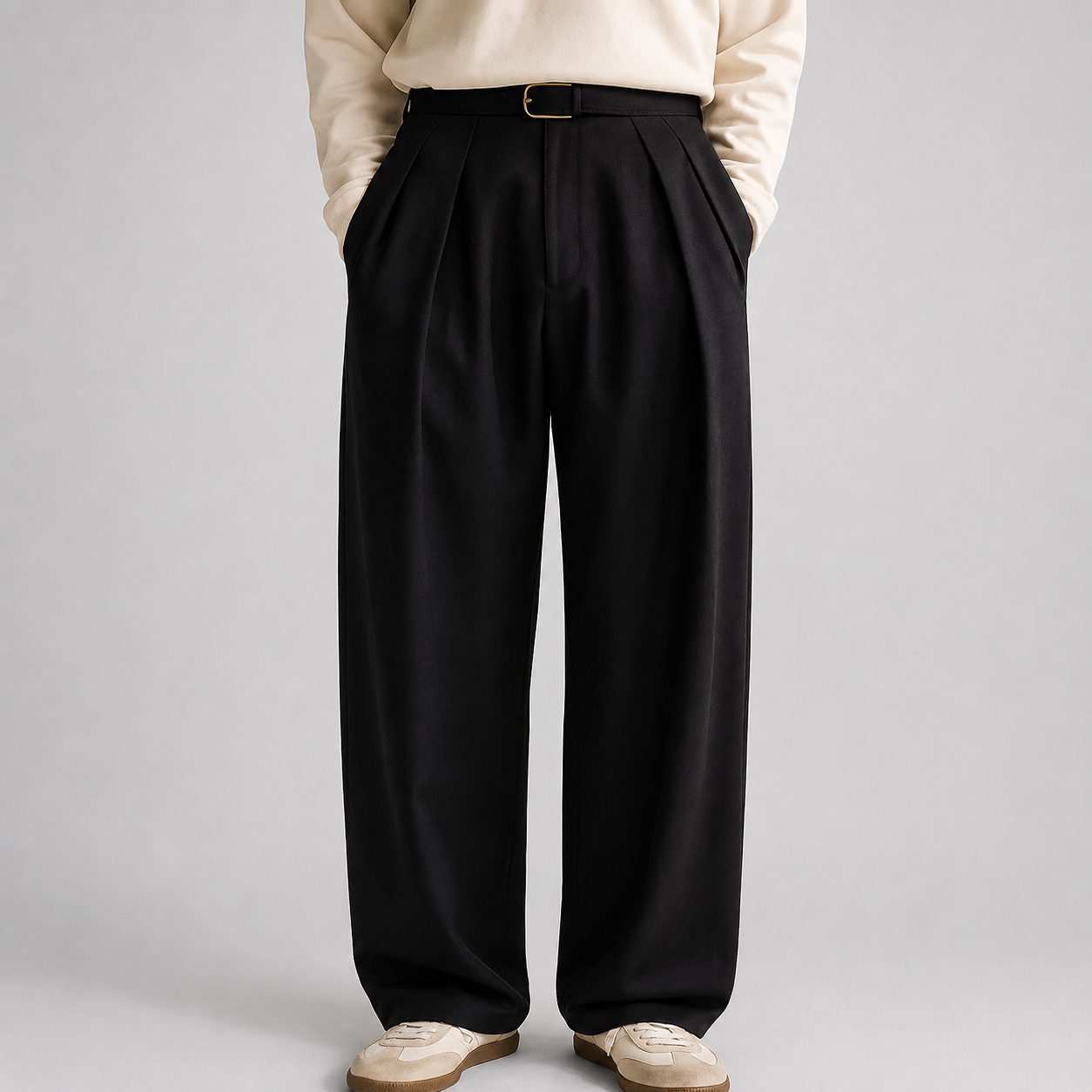 Men's Wide-Leg Trousers Pleated High-Waist Tailored Fit - Black