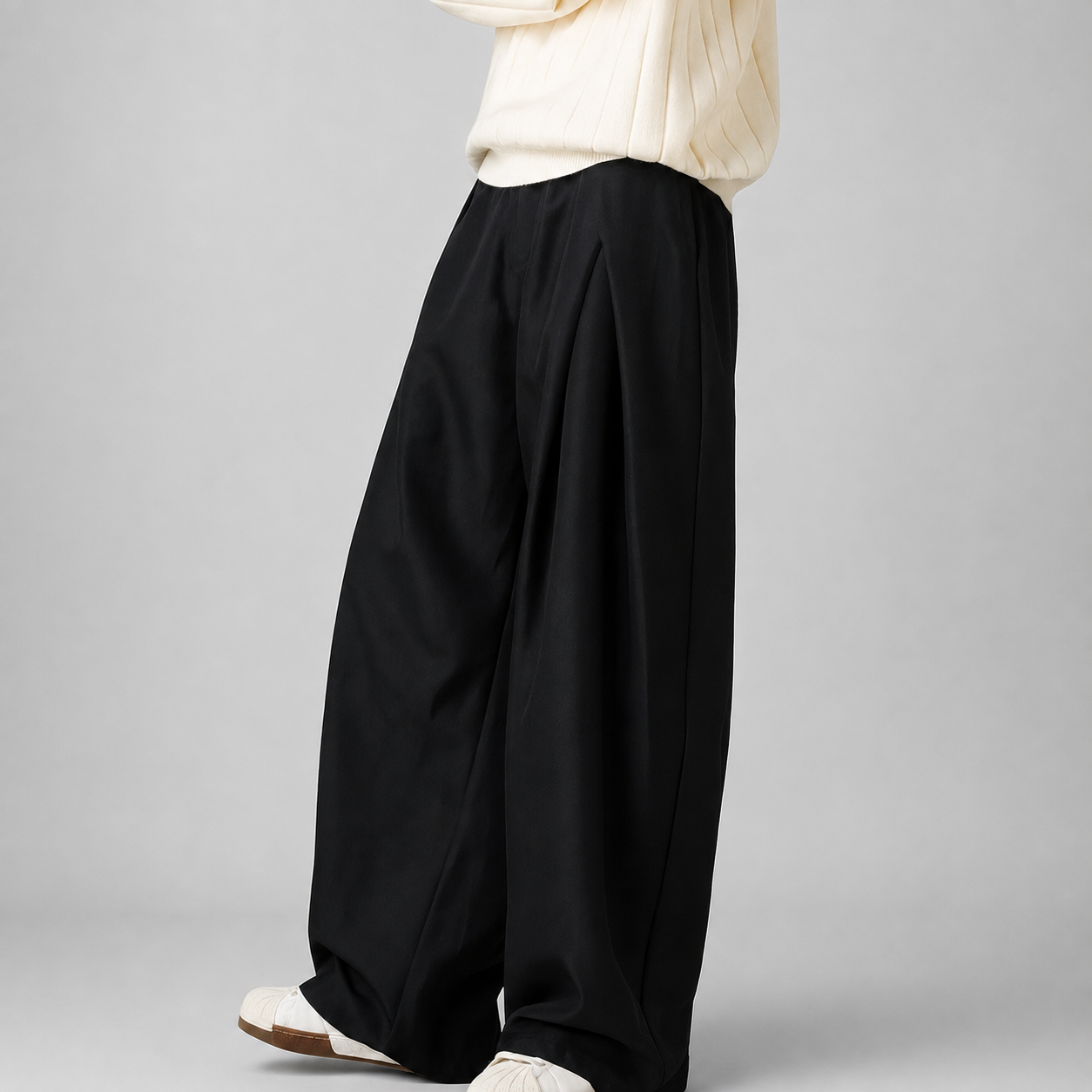 Men's Wide-Leg Trousers Pleated High-Waist Tailored Fit - Black