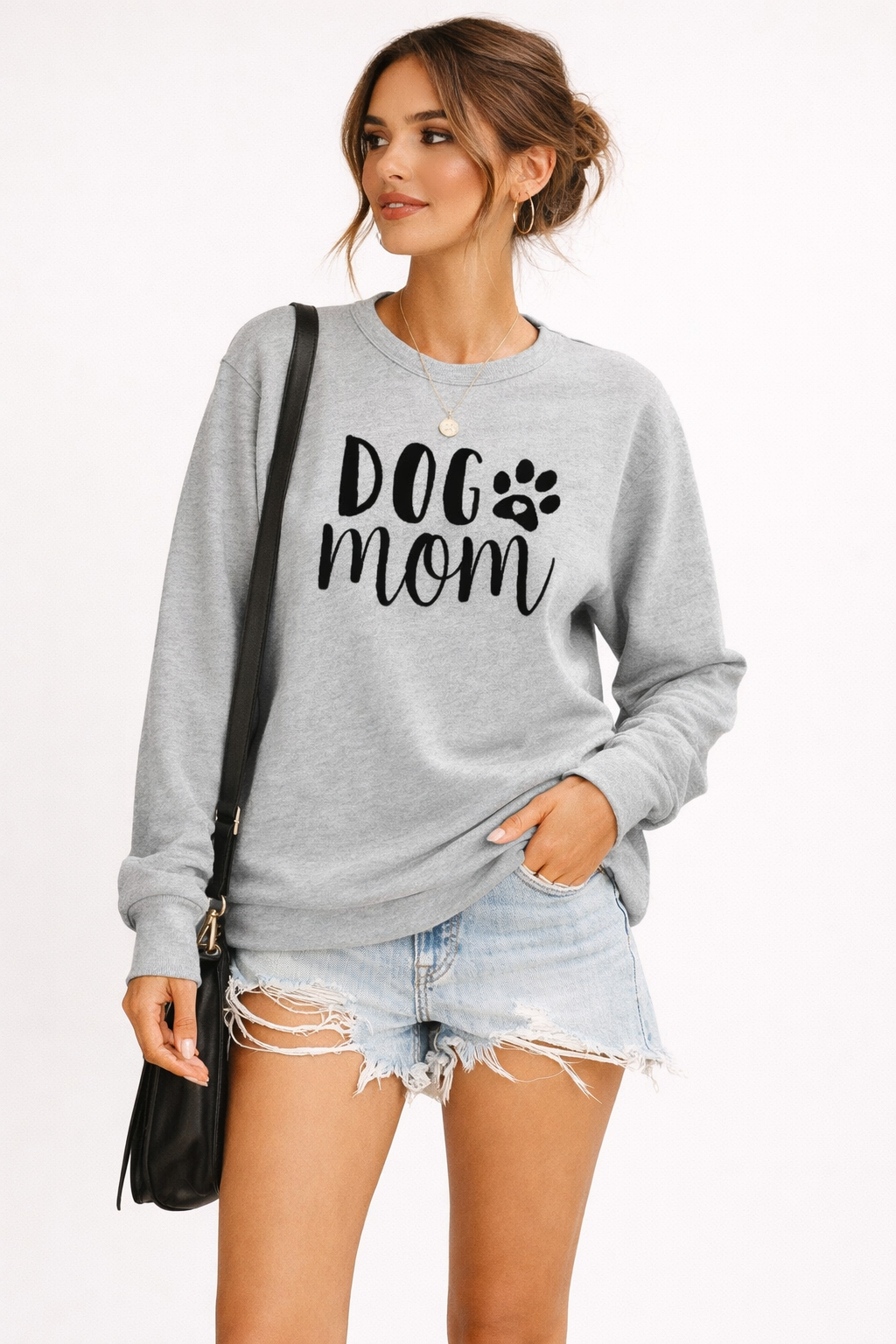 Women's crew neck sweatshirt with DOG MOM graphic and long sleeves