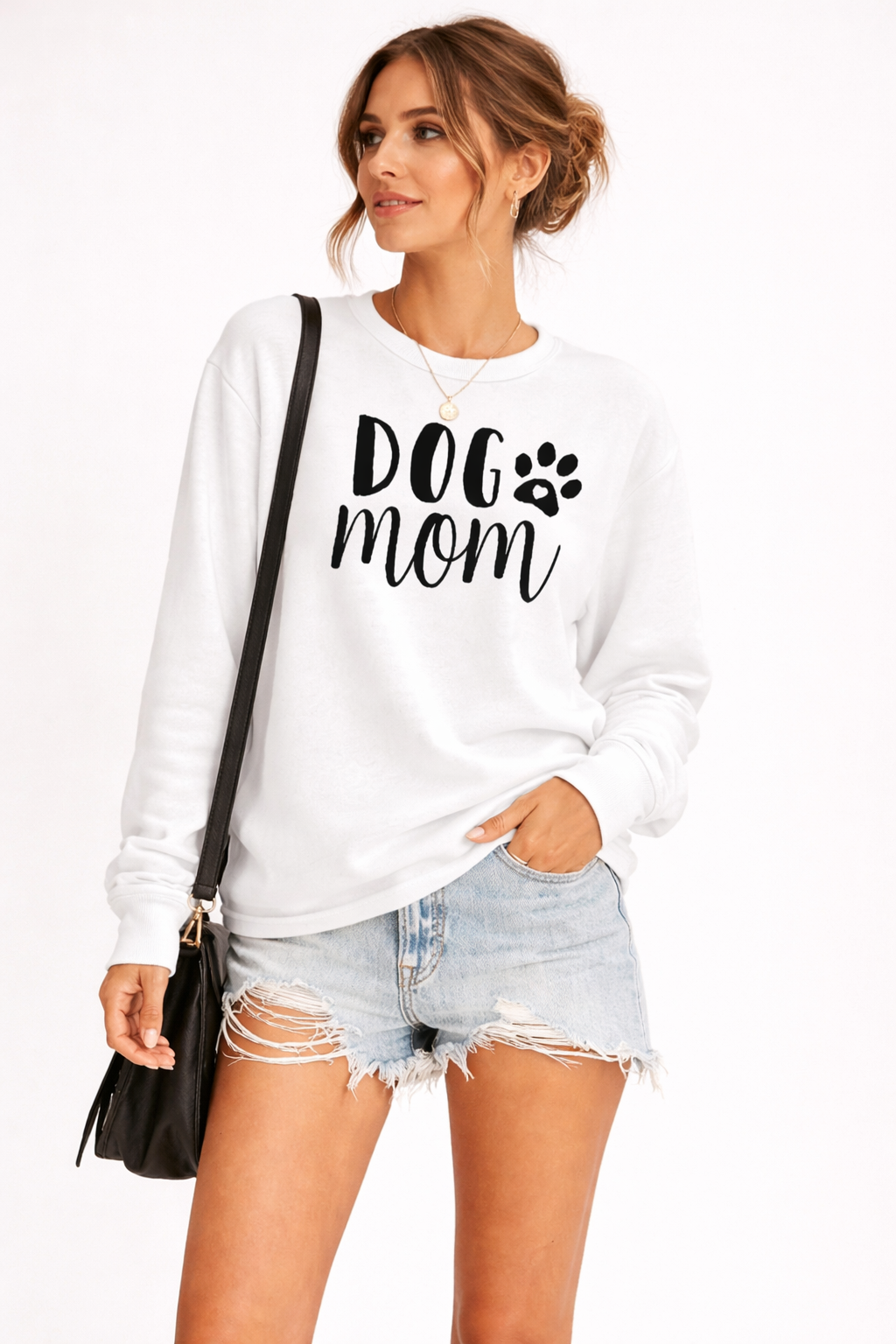 Women's crew neck sweatshirt with DOG MOM graphic and long sleeves