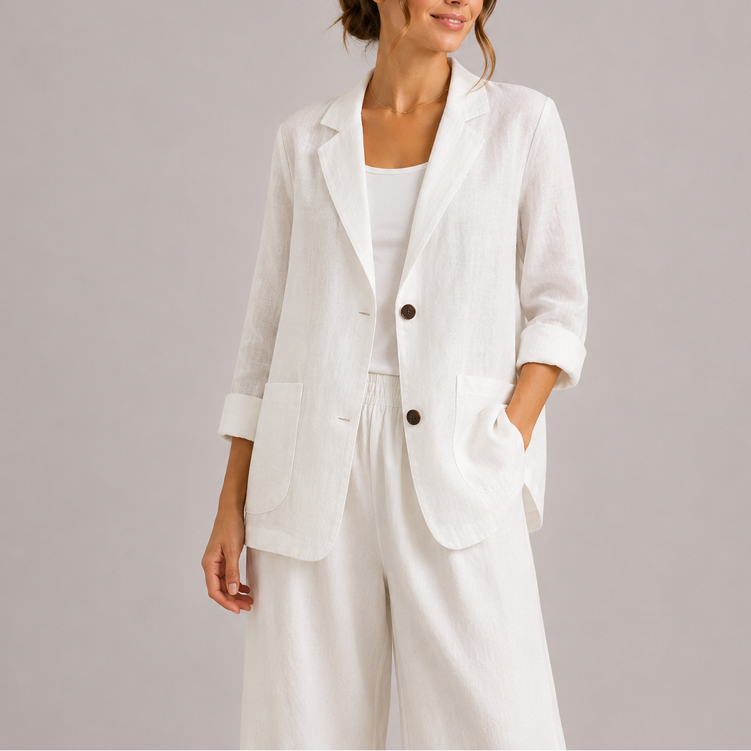 Women's Linen Blazer Relaxed Fit Notch Lapel - White