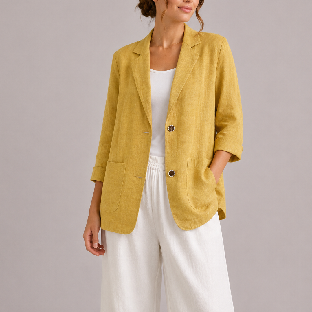 Women's Linen Blazer Relaxed Fit Notch Lapel - Yellow