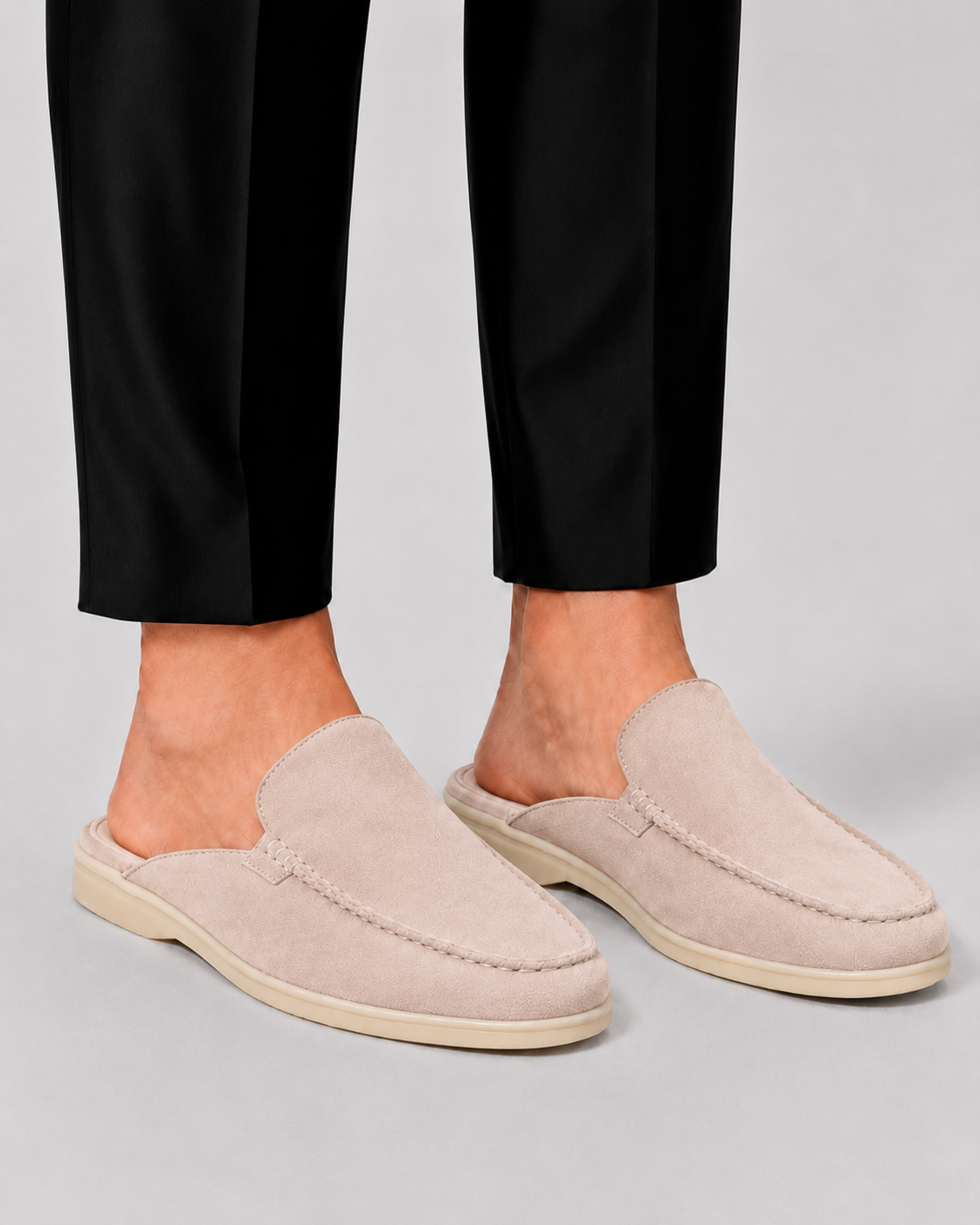 Men's open-back loafer mules with moc toes and stitched trims
