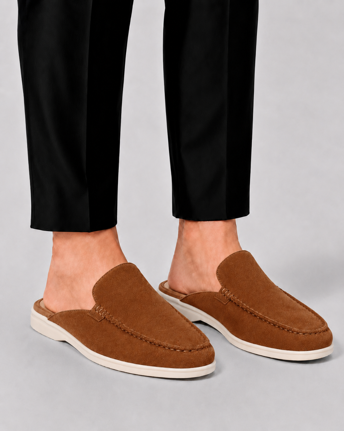 Men's open-back loafer mules with moc toes and stitched trims