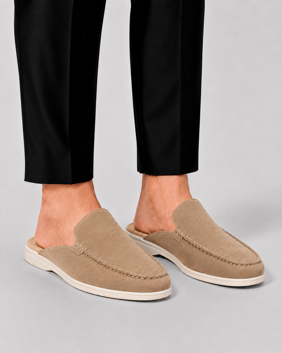 Men's open-back loafer mules with moc toes and stitched trims