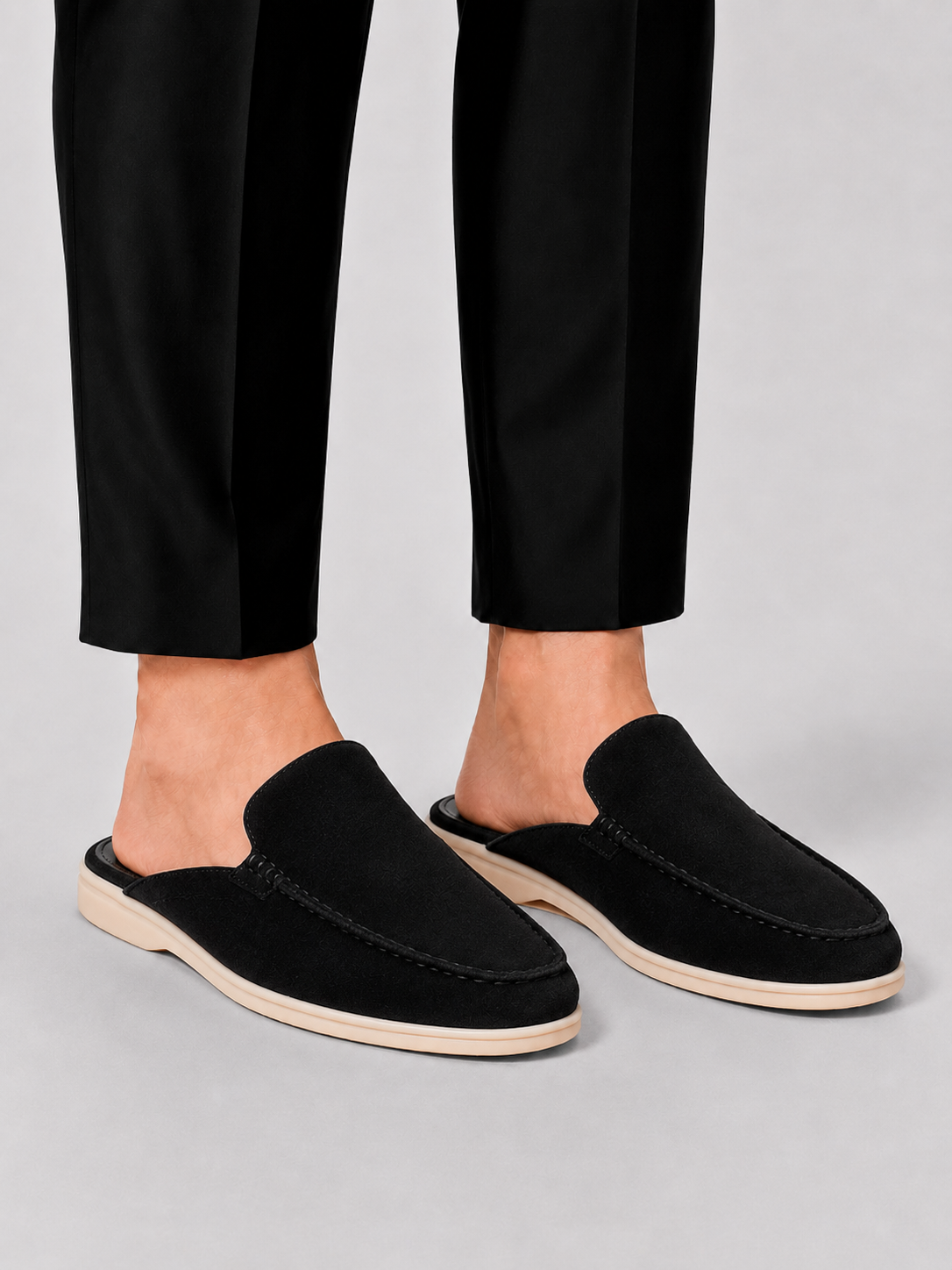 Men's open-back loafer mules with moc toes and stitched trims