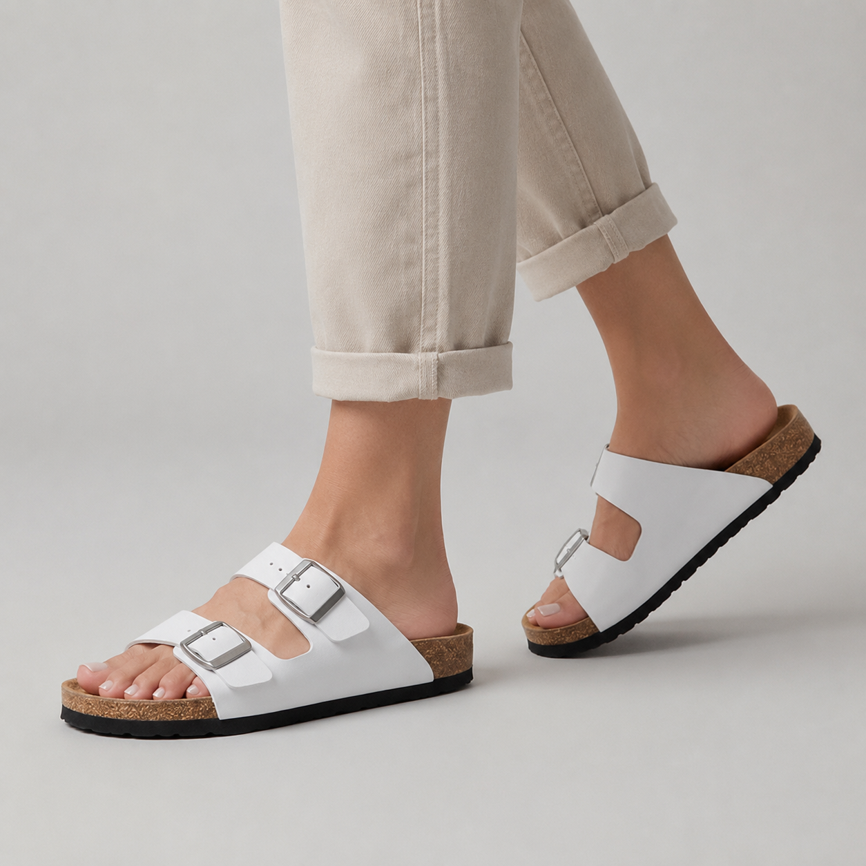 Unisex Sandals Double-Strap Cork Footbed - White