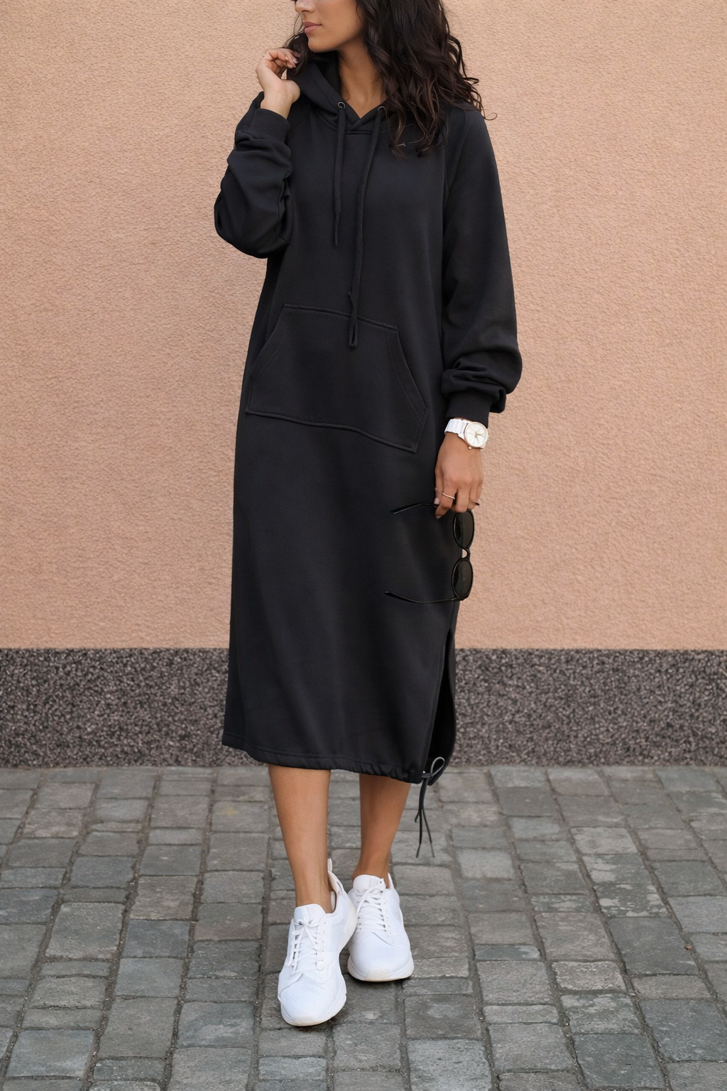 Women's long hooded sweatshirt dress with kangaroo pocket and drawstring hem
