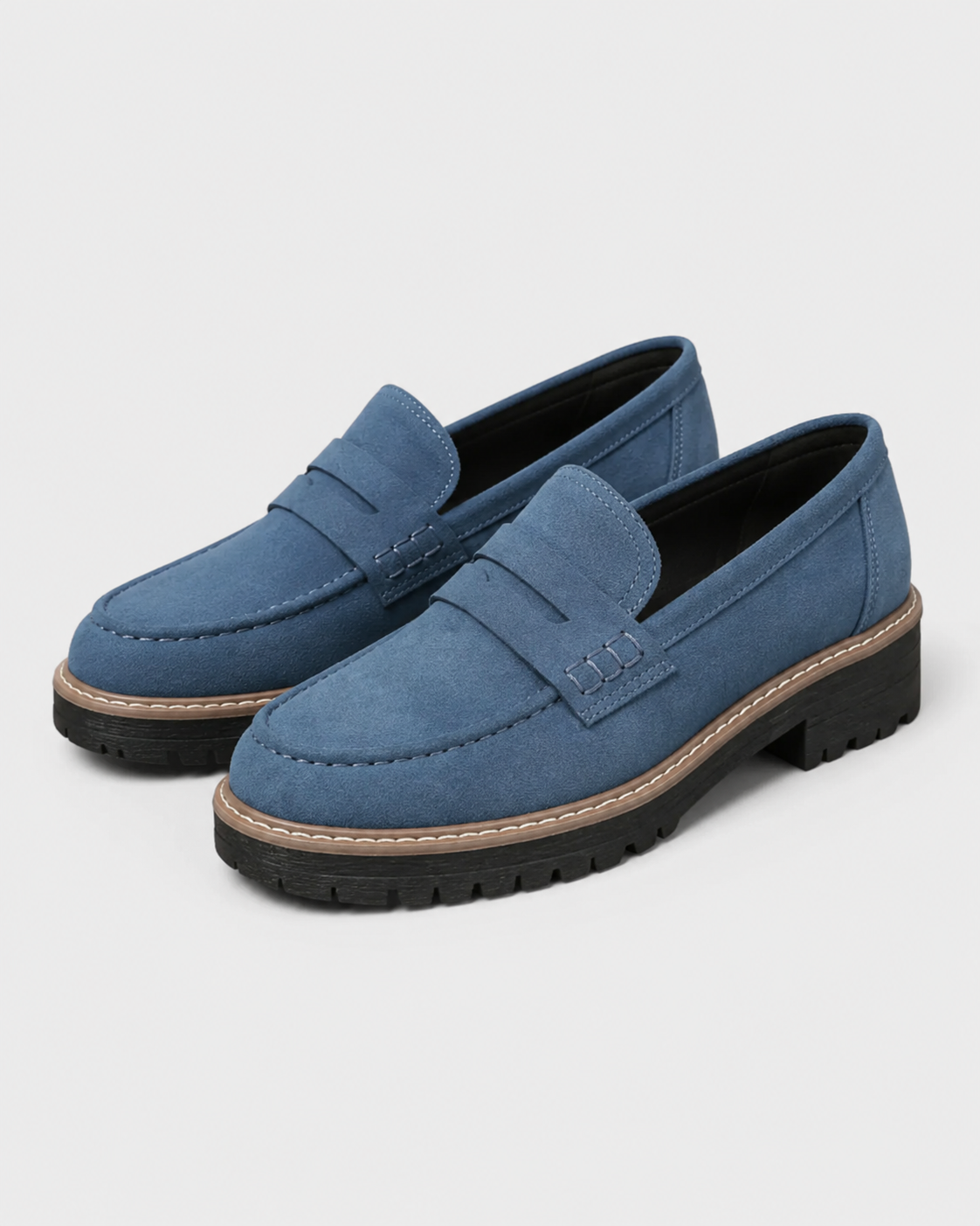 Women's plain penny loafers with round toes, stitched trim and chunky lug soles