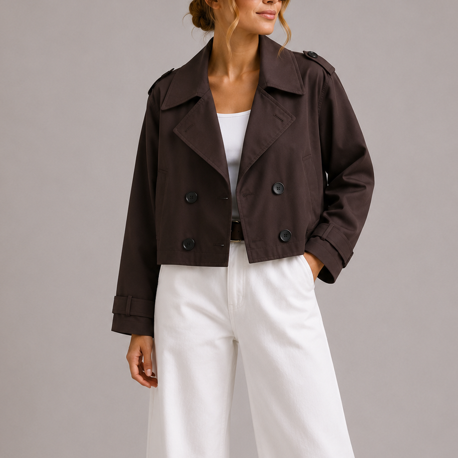 Women's Jacket Cropped Double-Breasted Trench - Brown