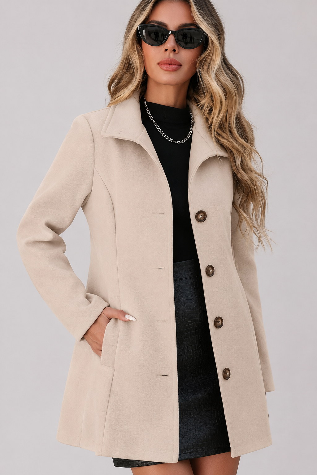 Women's mid-length buttoned coat with long sleeves and structured collar