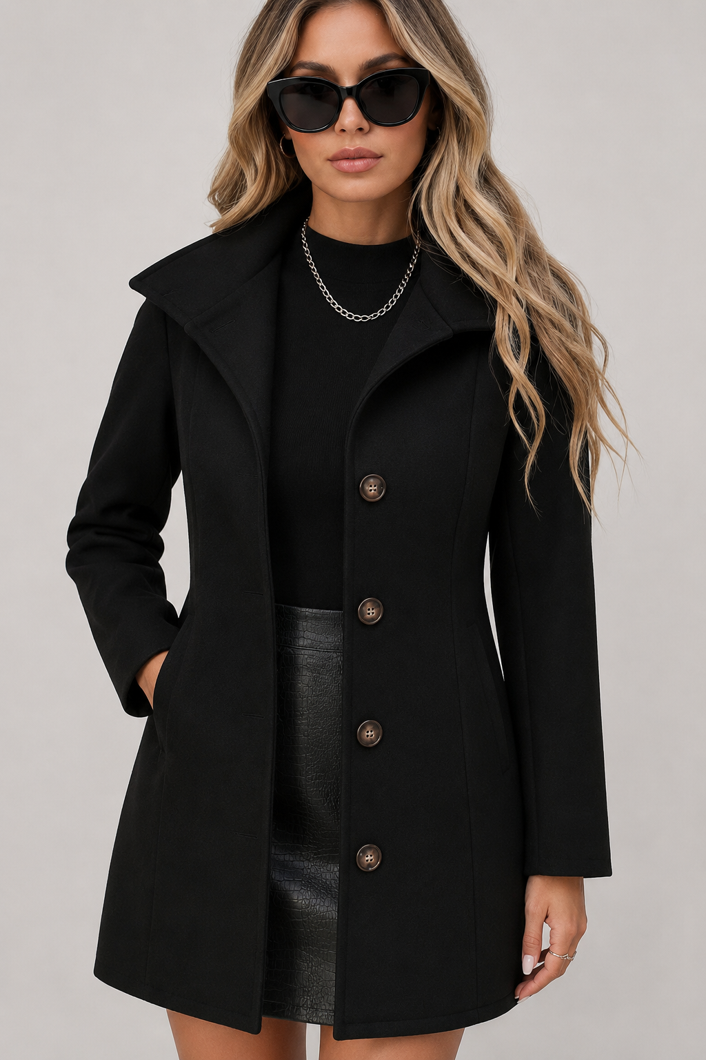 Women's mid-length buttoned coat with long sleeves and structured collar