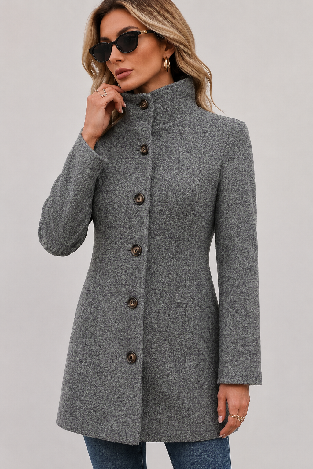Women's mid-length buttoned coat with long sleeves and structured collar