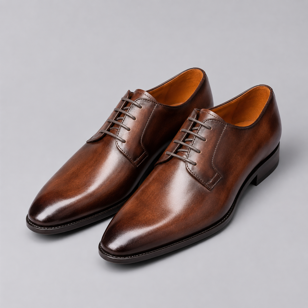 Men's Derby Shoes Plain Toe Lace-Up Leather - Brown