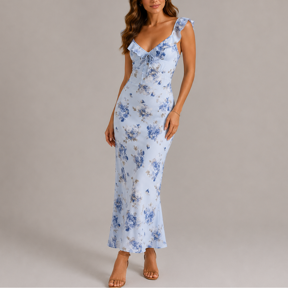 Women's Maxi Dress Floral Ruffle V-Neck - Blue