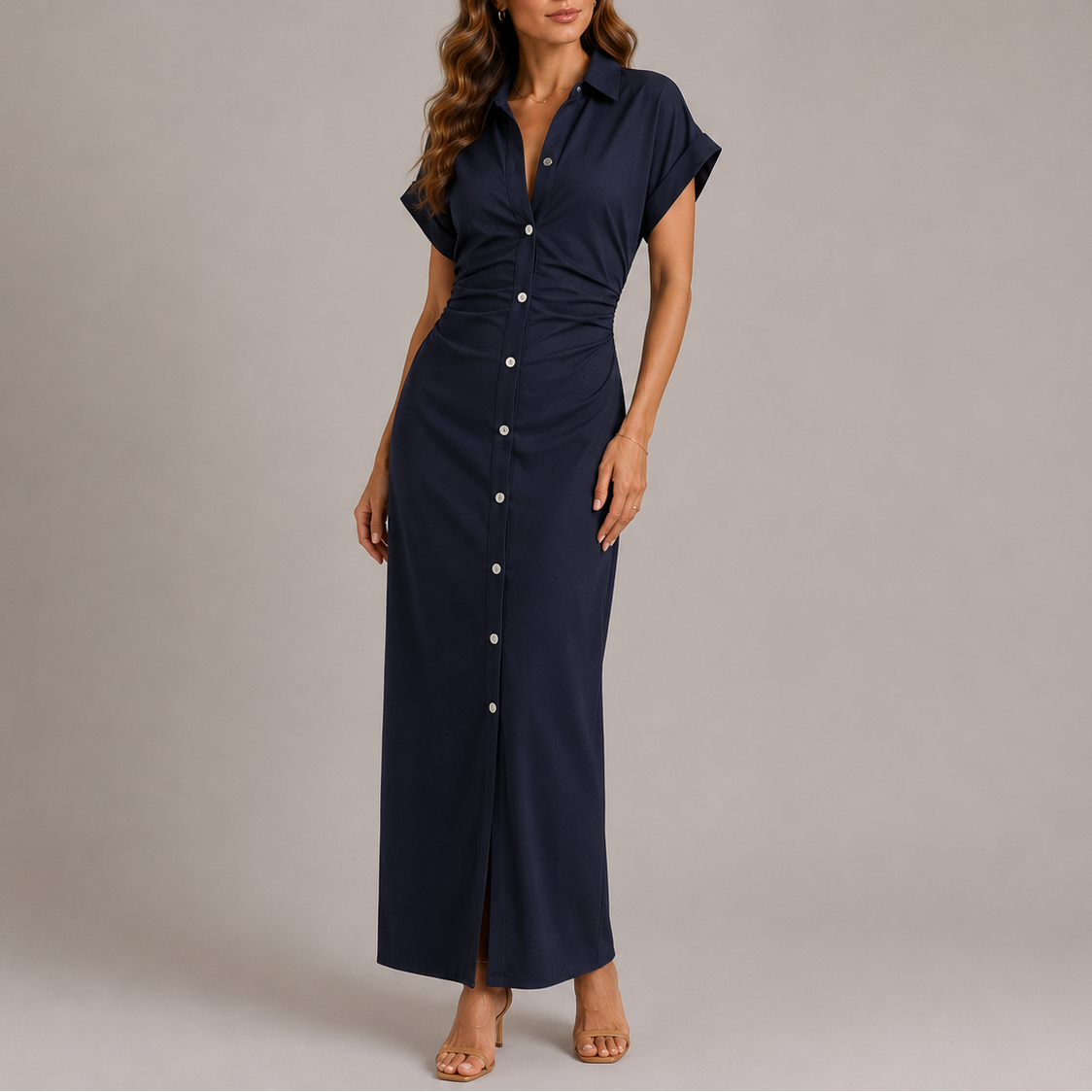 Women's Maxi Dress Button-Front Ruched Waist - Navy