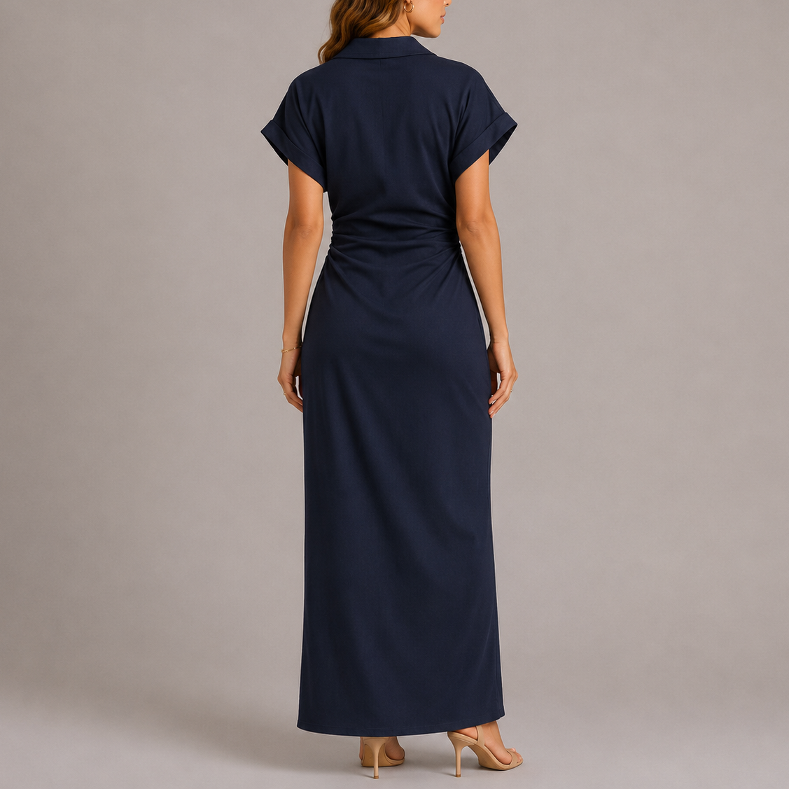 Women's Maxi Dress Button-Front Ruched Waist - Navy