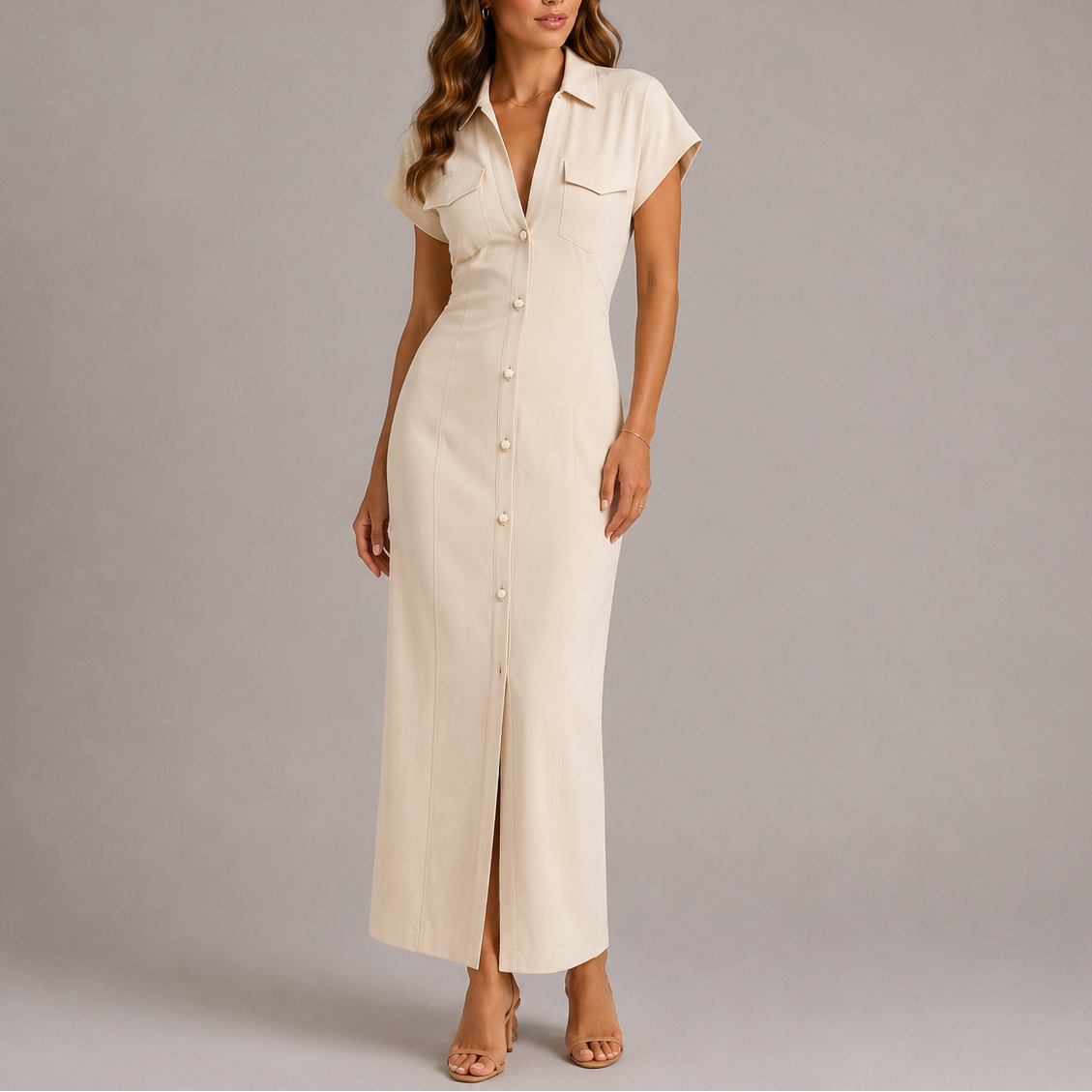 Women's Maxi Dress Button-Front Ruched Waist - Beige