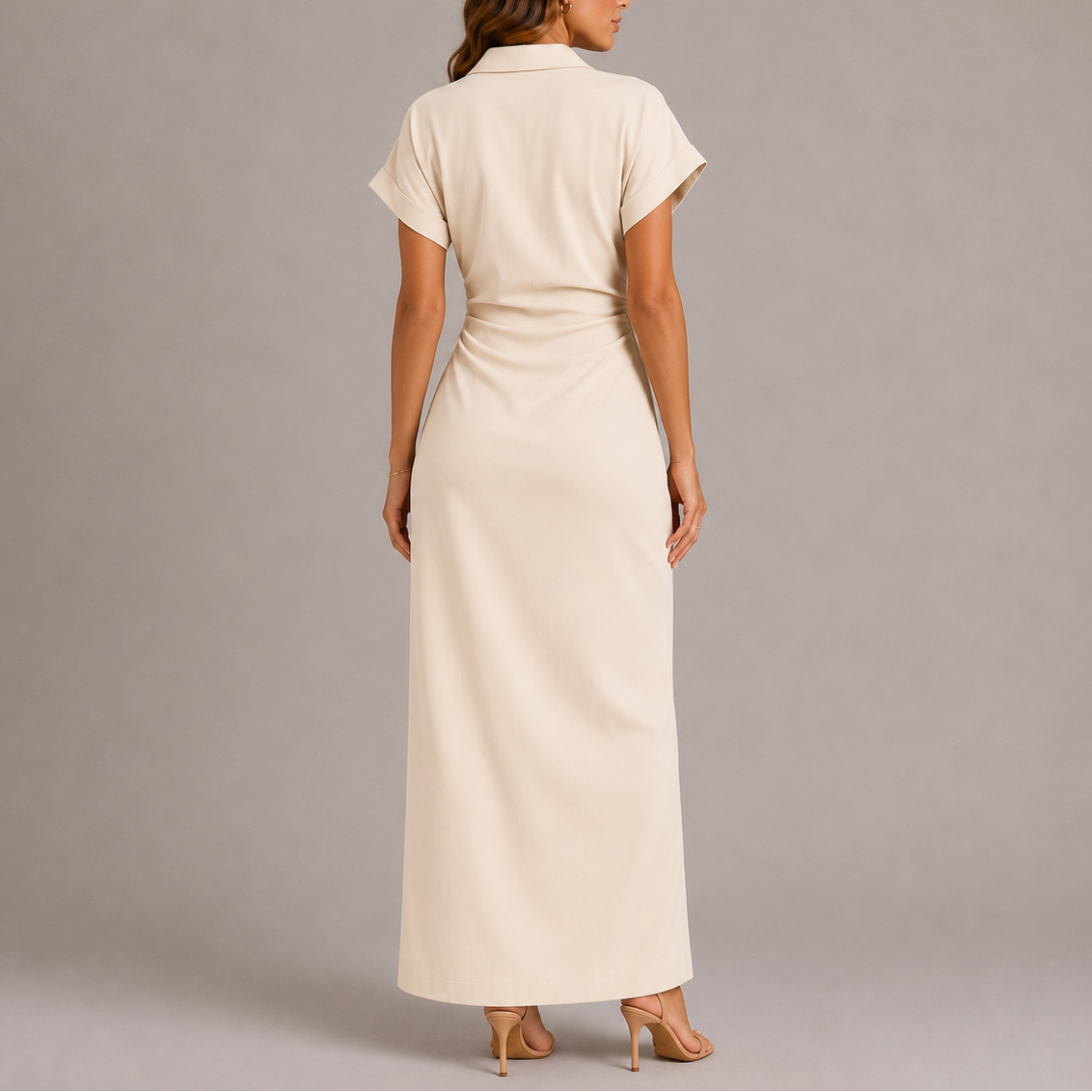 Women's Maxi Dress Button-Front Ruched Waist - Beige