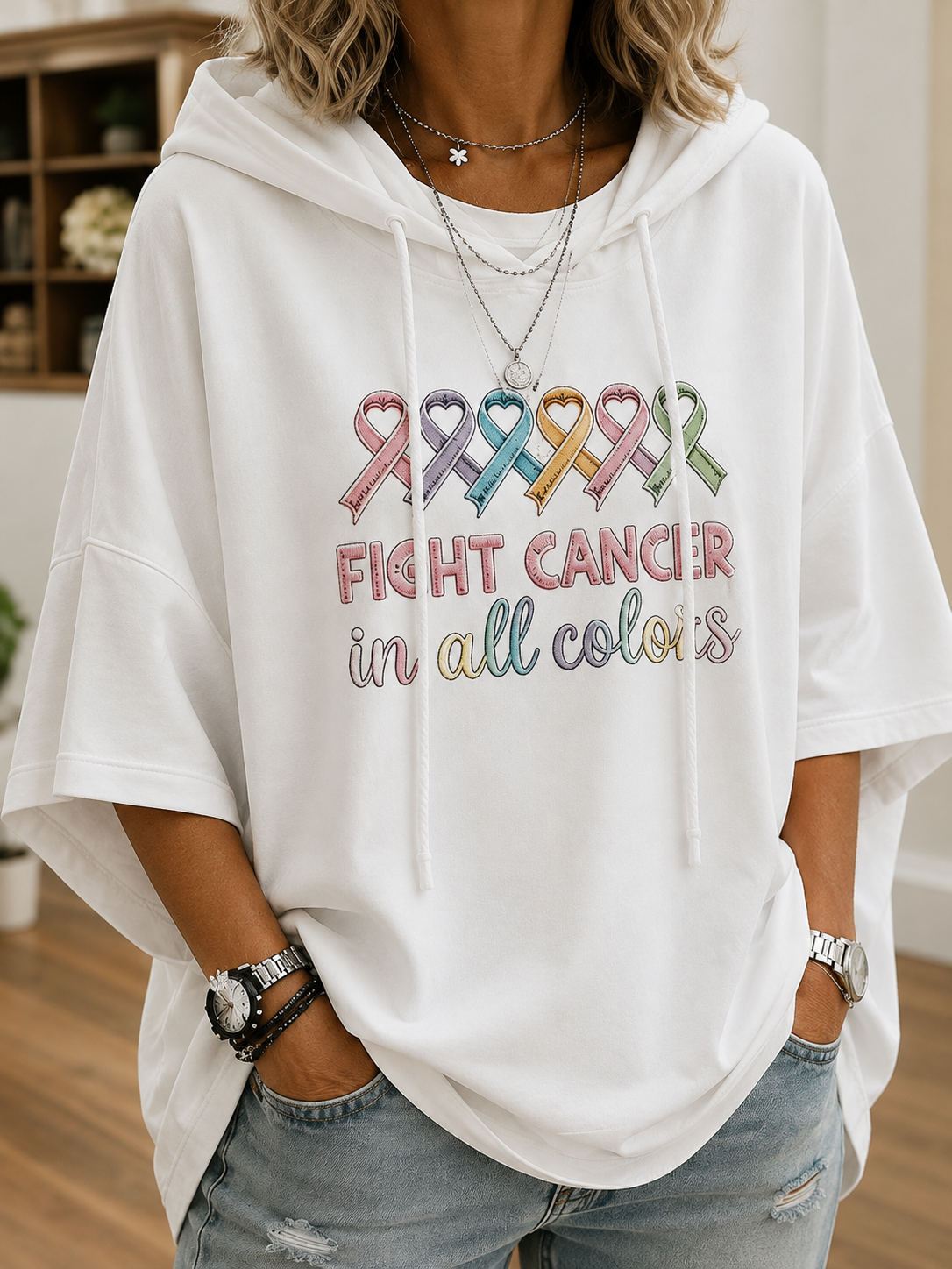 Women's hooded short-sleeve hoodie with colourful awareness ribbons and cancer awareness text