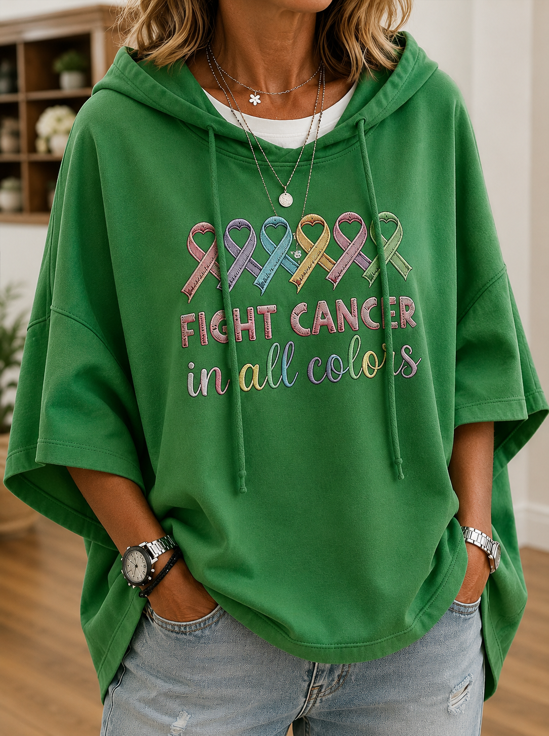 Women's hooded short-sleeve hoodie with colourful awareness ribbons and cancer awareness text