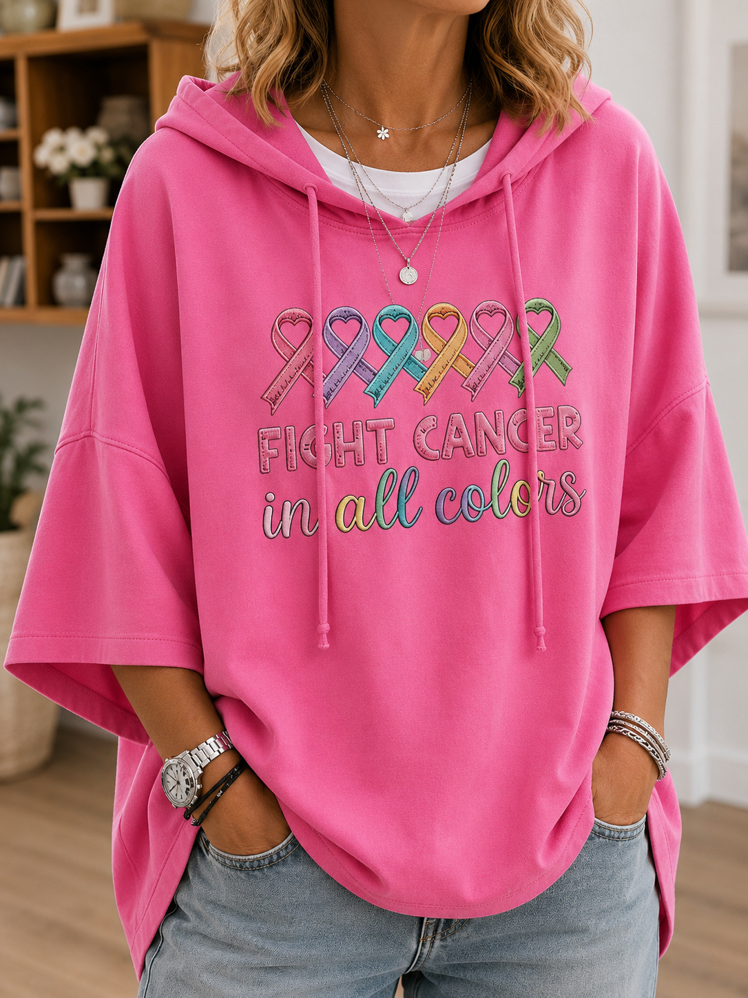 Women's hooded short-sleeve hoodie with colourful awareness ribbons and cancer awareness text