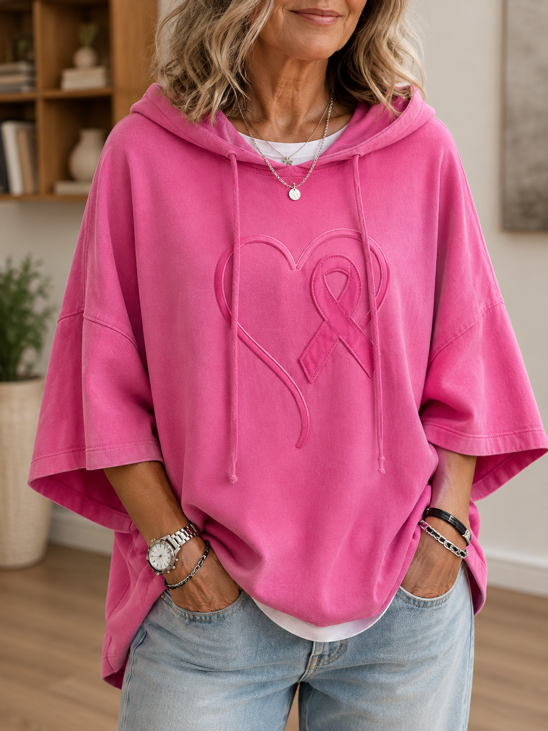 Women's hooded awareness hoodie with short sleeves and front ribbon applique