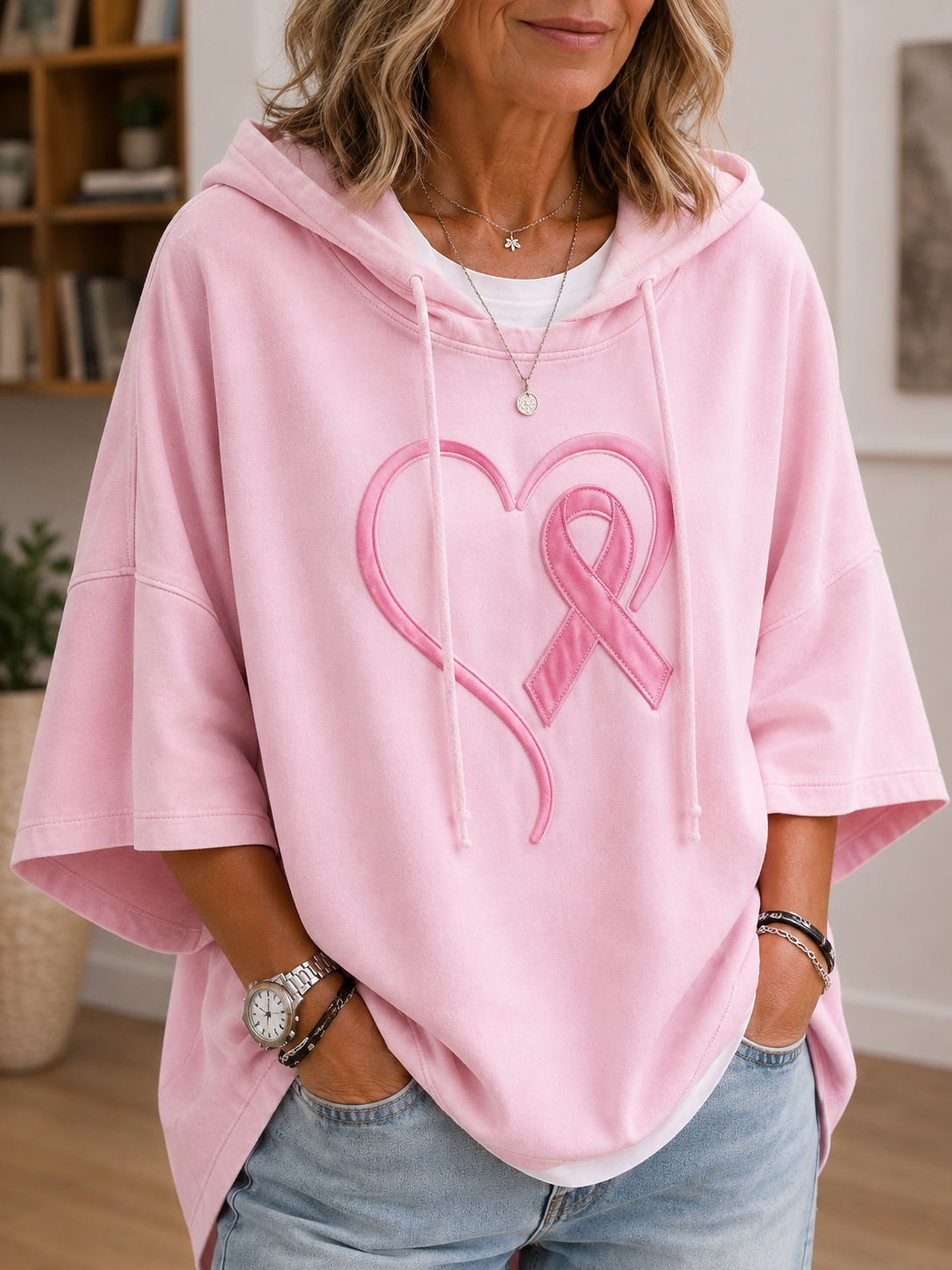 Women's hooded awareness hoodie with short sleeves and front ribbon applique