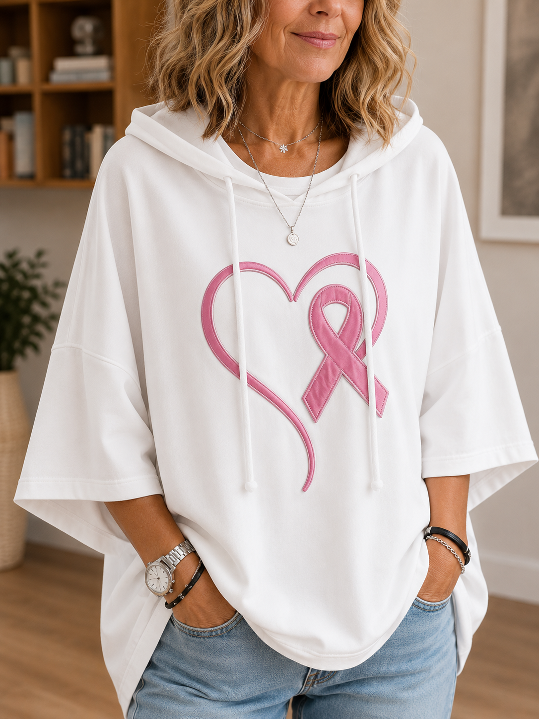 Women's hooded awareness hoodie with short sleeves and front ribbon applique