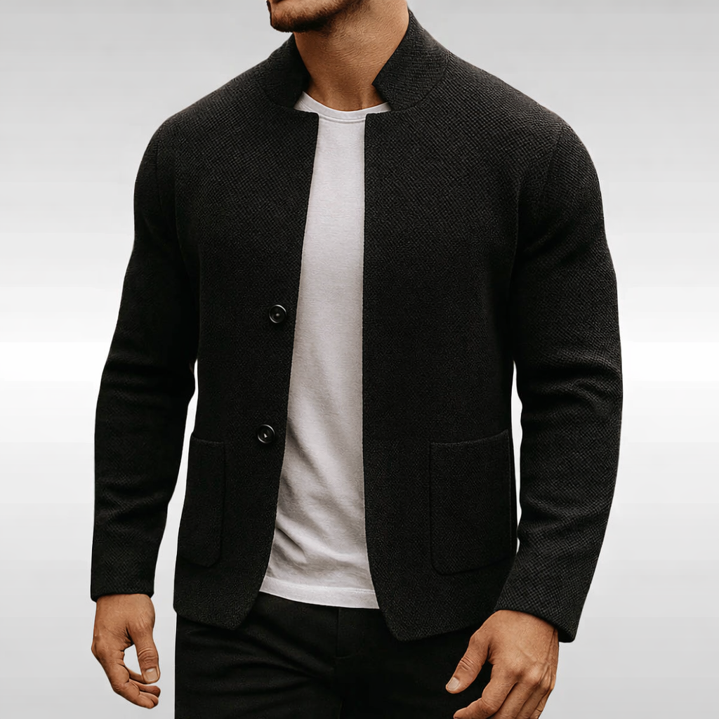Men's textured knit blazer with Mandarin collar, buttons and patch pockets
