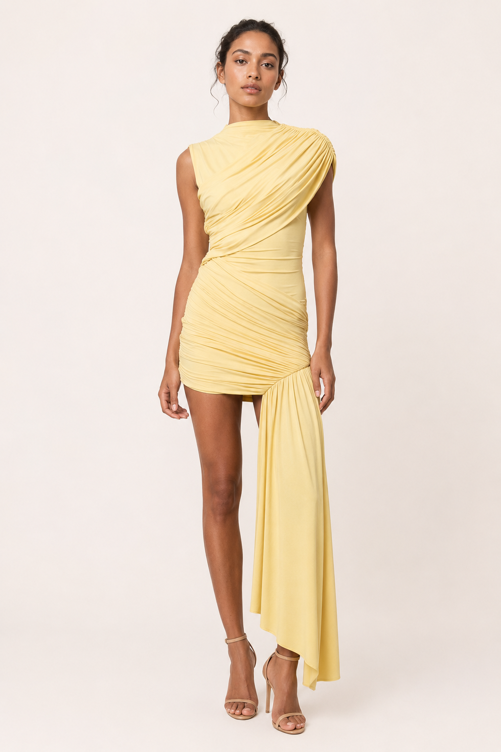Women's sleeveless ruched asymmetric dress with high neck and long side drape