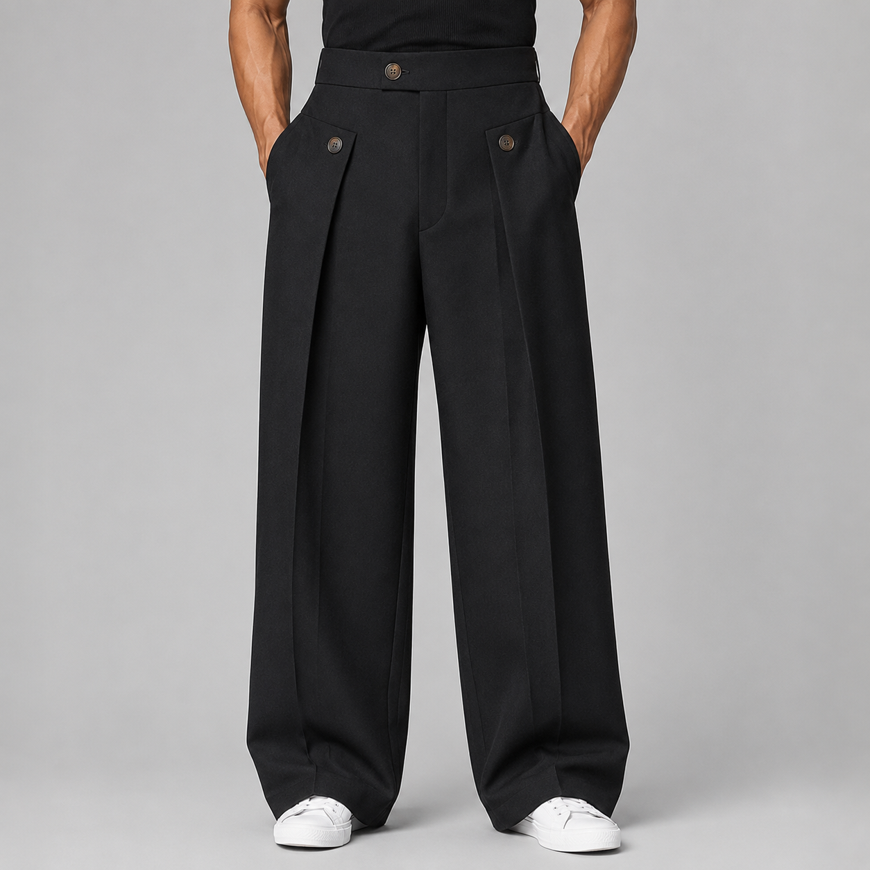 Men's Wide-Leg Trousers High-Waist Pleated Button Detail - Black