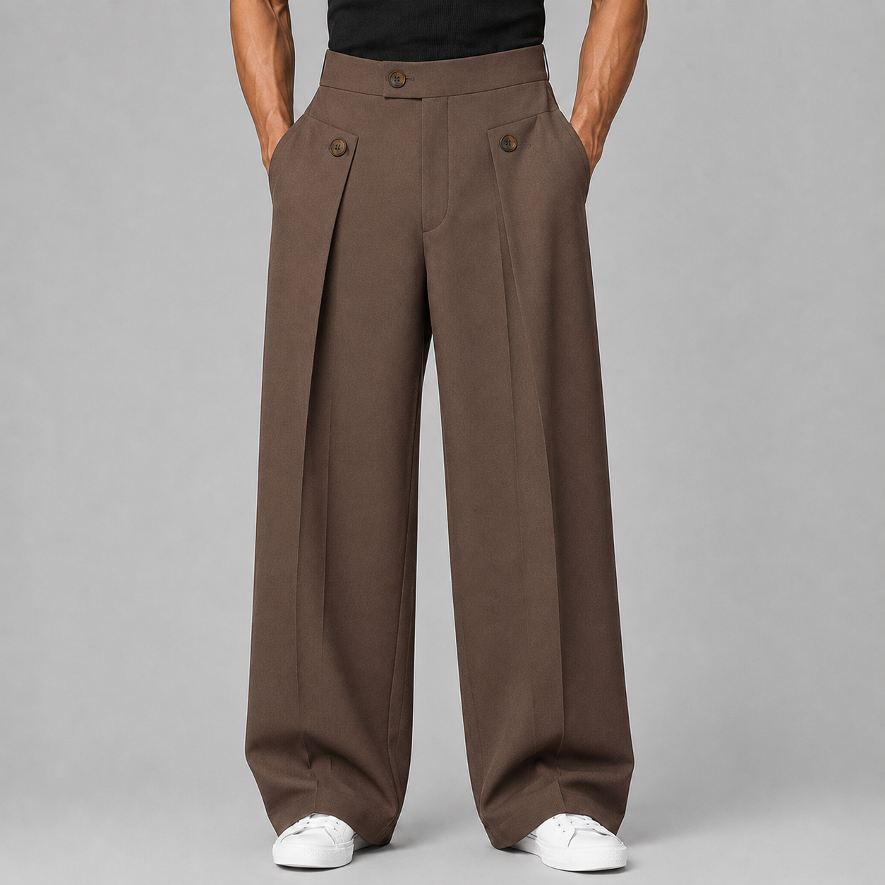 Men's Wide-Leg Trousers High-Waist Pleated Button Detail - Brown