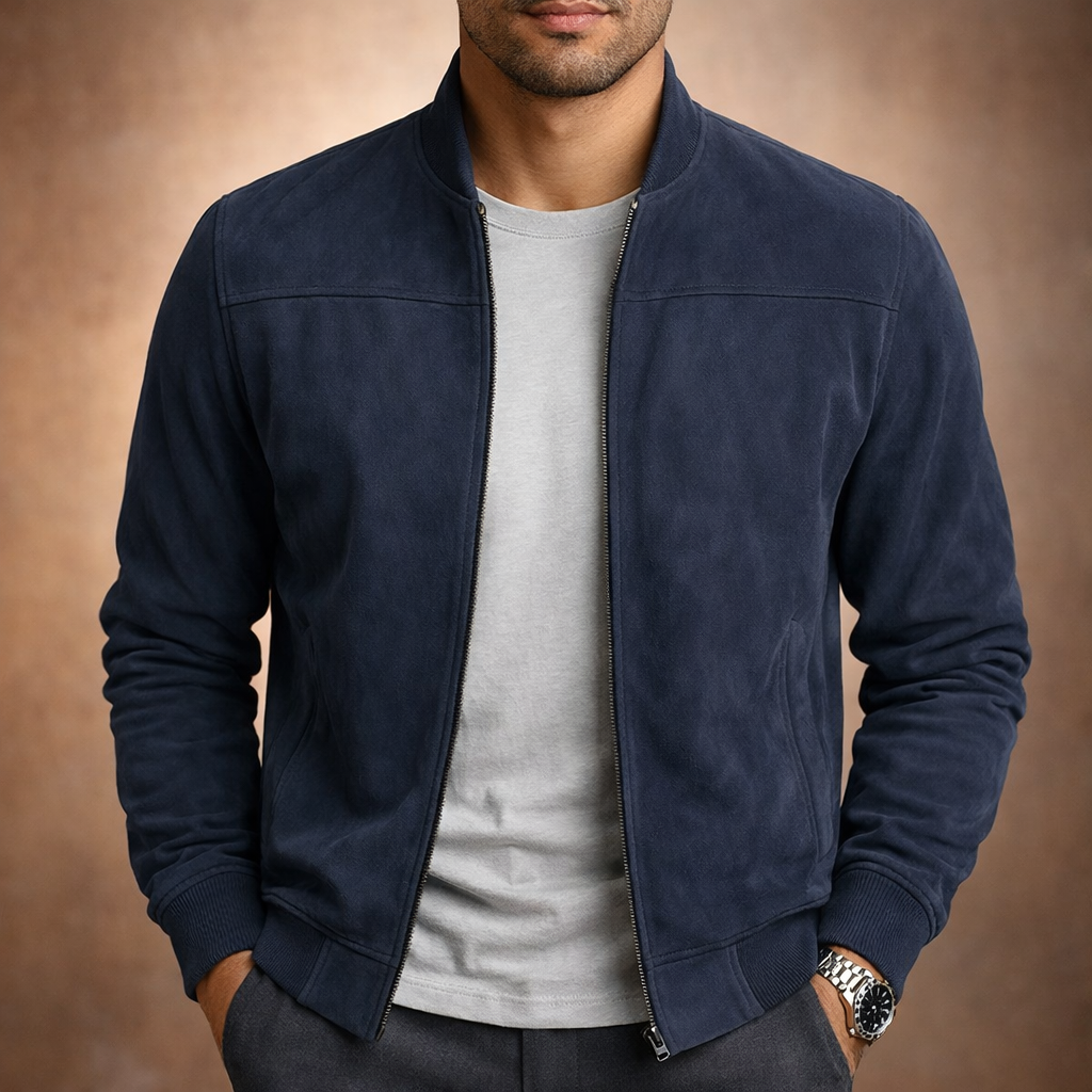 Men's Suede Bomber Jacket Stand Collar Zip - Navy