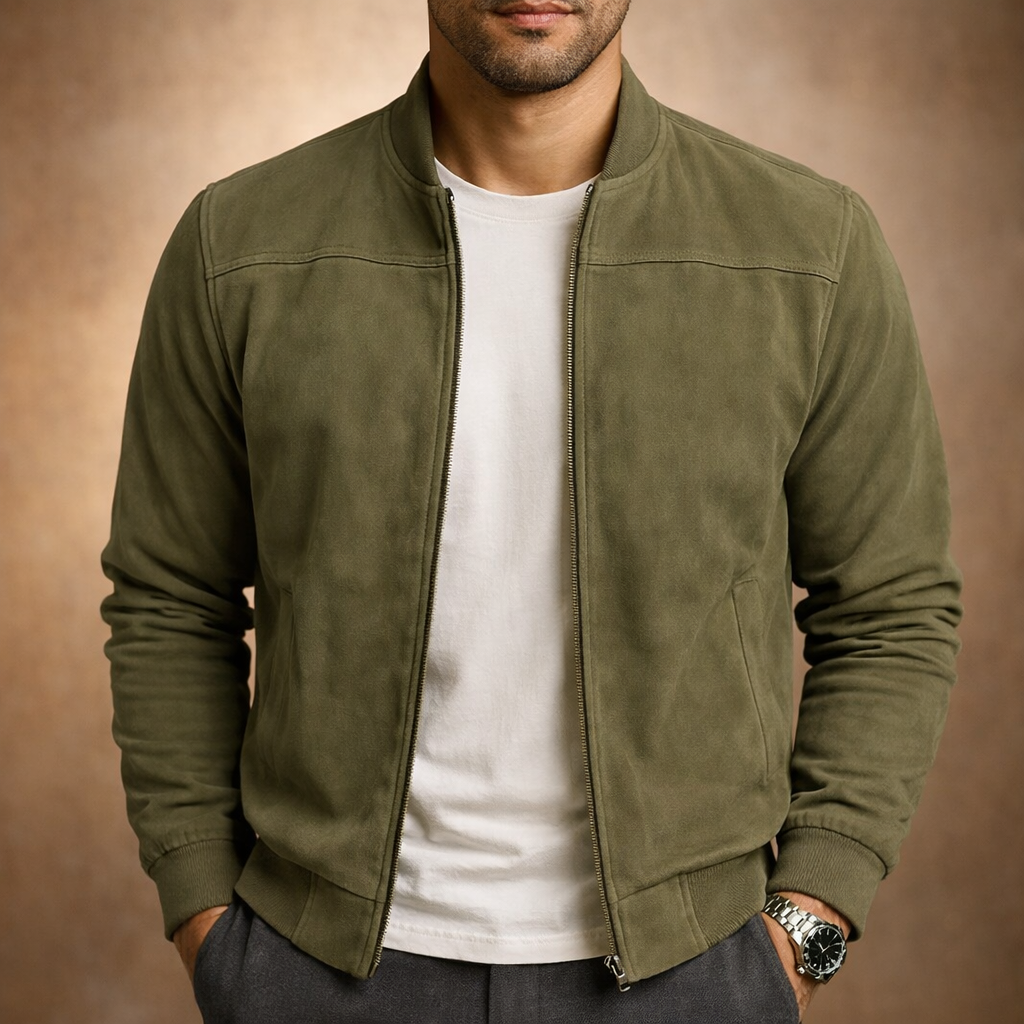 Men's Suede Bomber Jacket Stand Collar Zip - Green