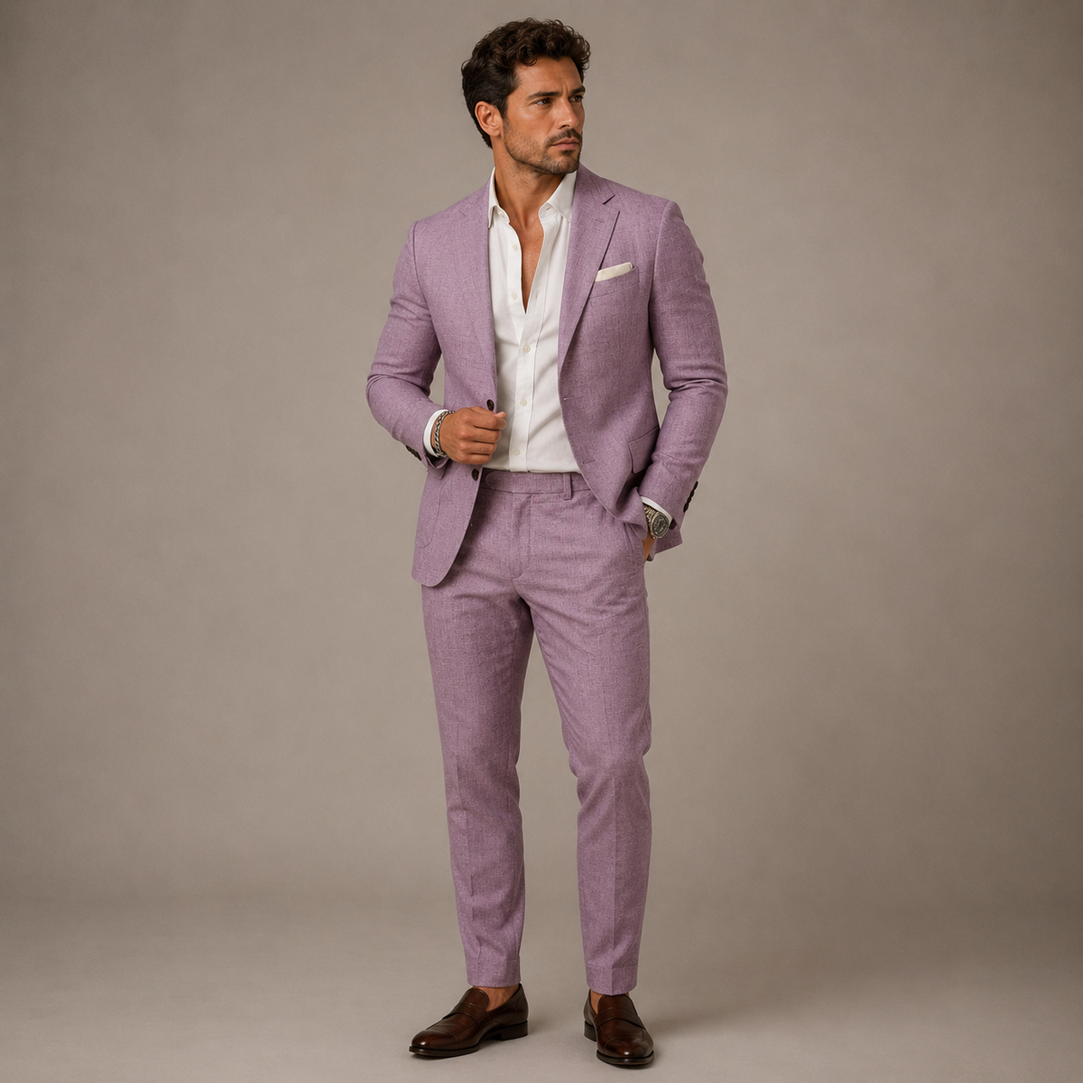 Men's slim fit textured two-piece suit set with notched lapel and matching trousers