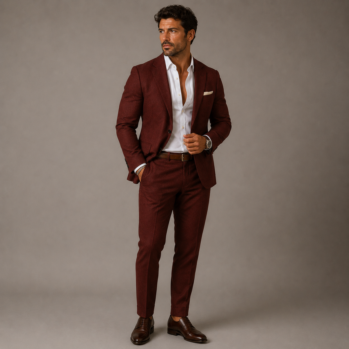 Men's slim fit textured two-piece suit set with notched lapel and matching trousers