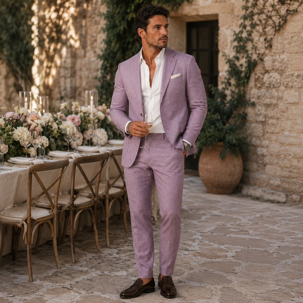 Men's slim fit textured two-piece suit set with notched lapel and matching trousers