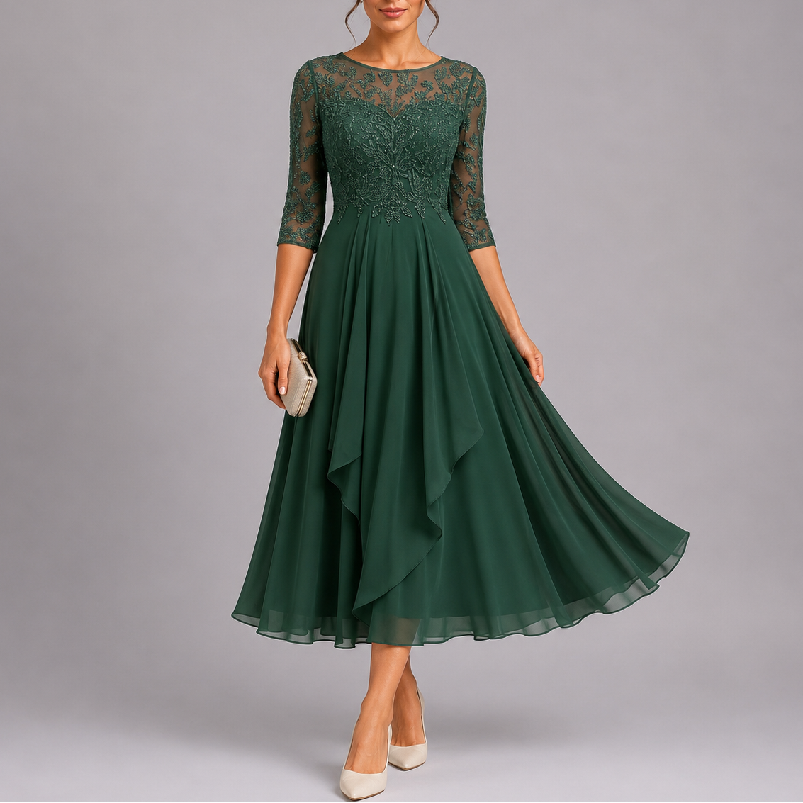 Women's Midi Dress Lace Bodice Three-Quarter Sleeve - Green
