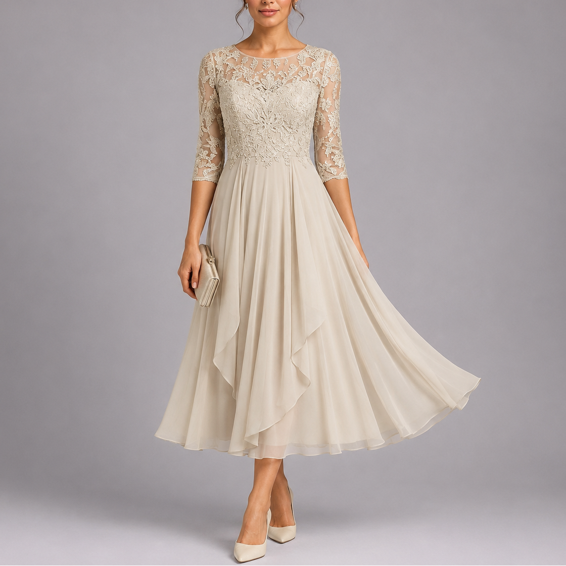 Women's Midi Dress Lace Bodice Three-Quarter Sleeve - Beige
