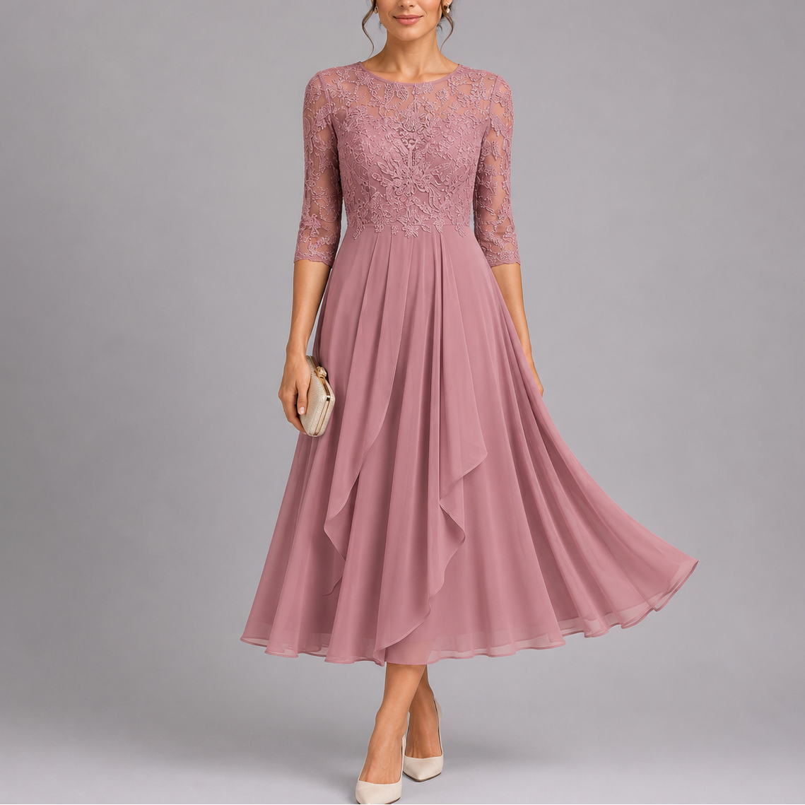Women's Midi Dress Lace Bodice Three-Quarter Sleeve - Pink