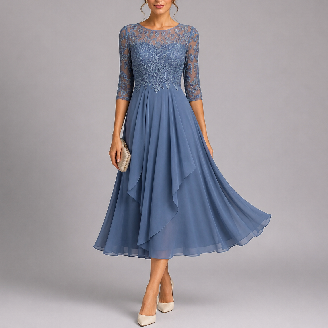 Women's Midi Dress Lace Bodice Three-Quarter Sleeve - Blue