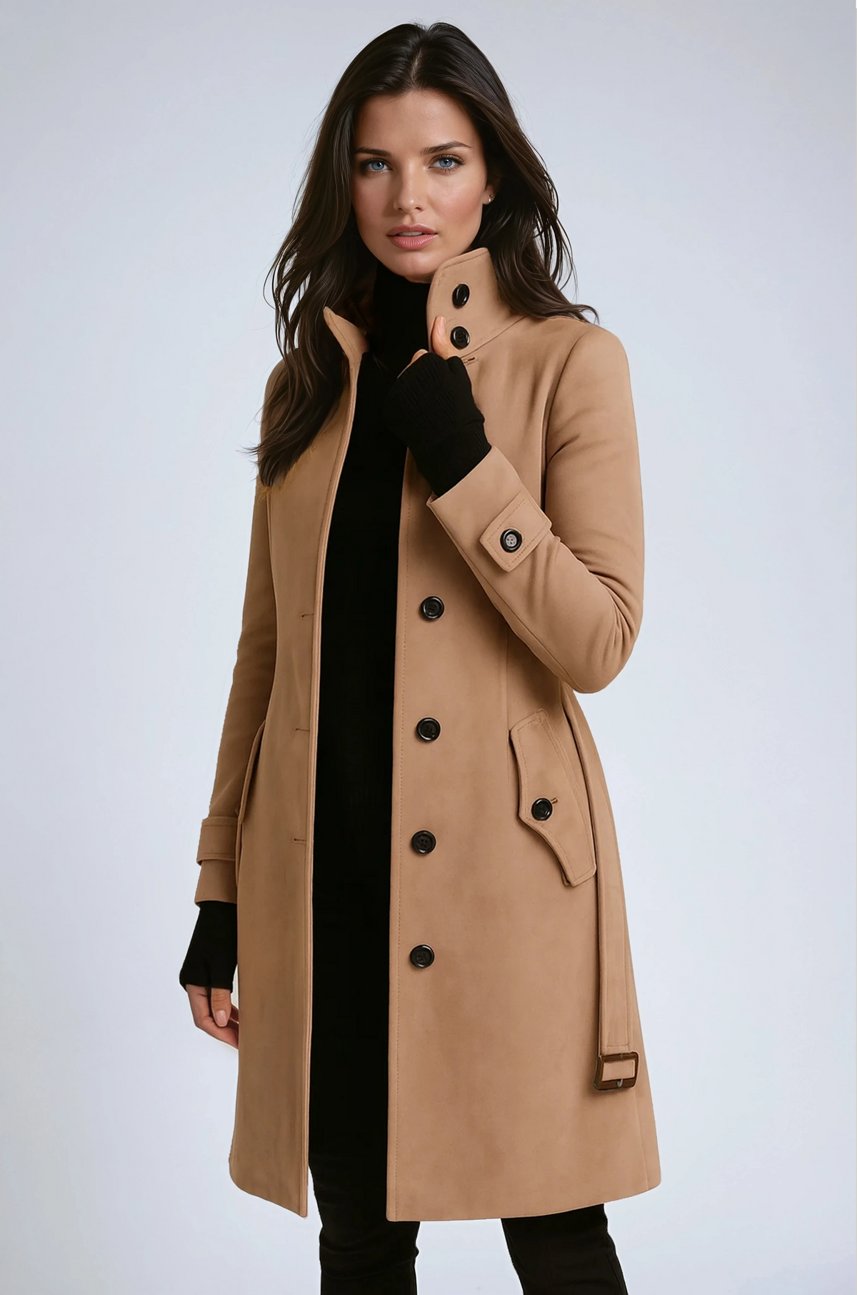 Women's longline trench coat with high collar, button front and cuff tabs
