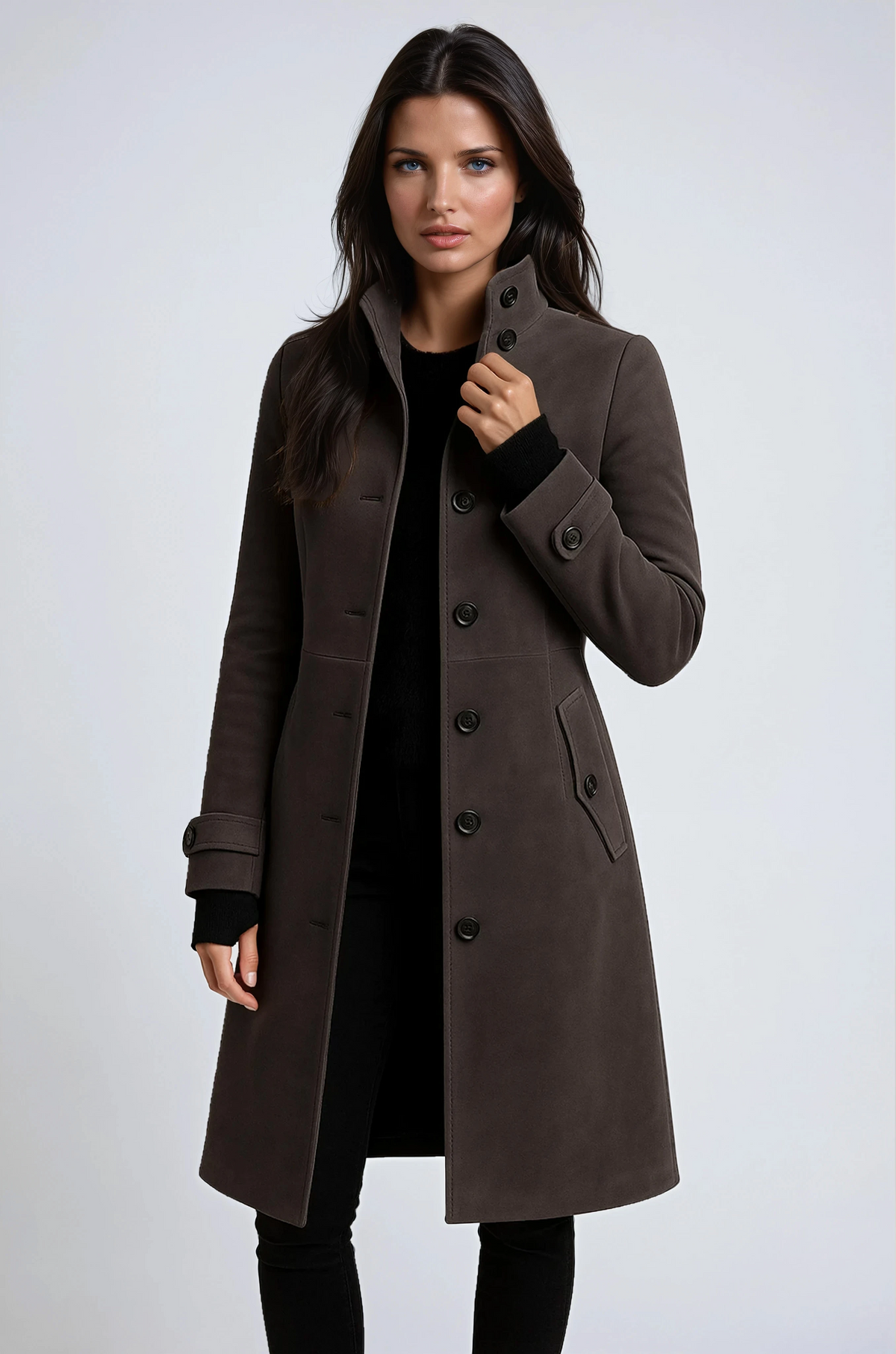 Women's longline trench coat with high collar, button front and cuff tabs