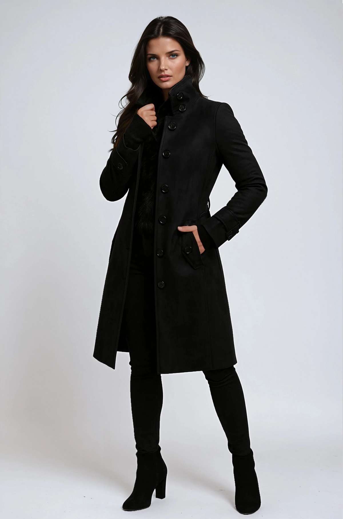 Women's longline trench coat with high collar, button front and cuff tabs